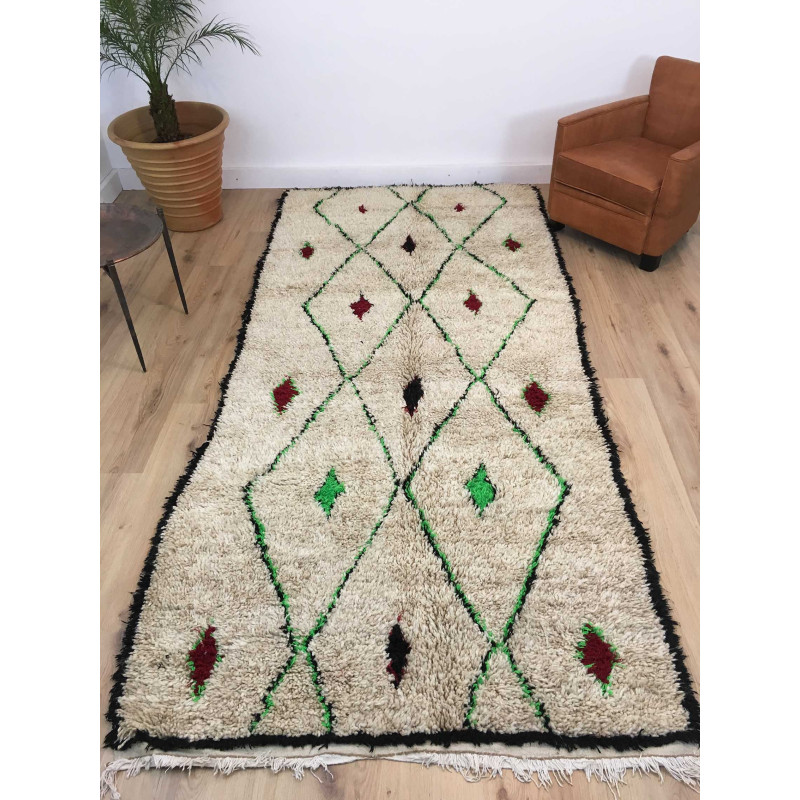 Tapis berbère Azilal laine pure et fils de coton couleurs vert fluo, noir et bordeaux